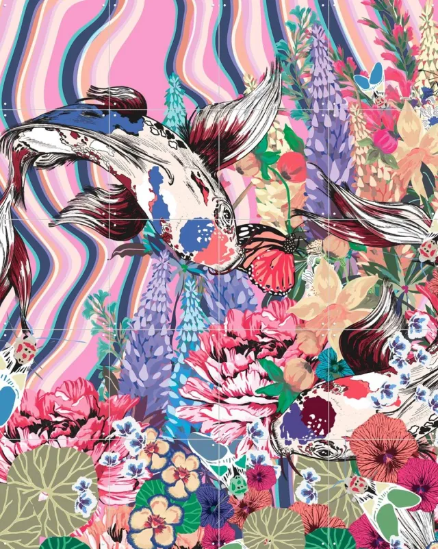 IXXI Koi Garden Pastel, Marylène Madou - 80 x 100 cm - Grote wanddecoratie en posters - Speels, Illustraties, Pop art, Kleurrijk, Digitale Kunst Roze