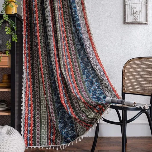 Boho semi-verduisterende gordijnen, kleurrijke strepen met kwastjes als decoratief raamdecoratie, 2-delige gordijnen met roedezakken voor woonkamer en toilet Afbeelding kleur