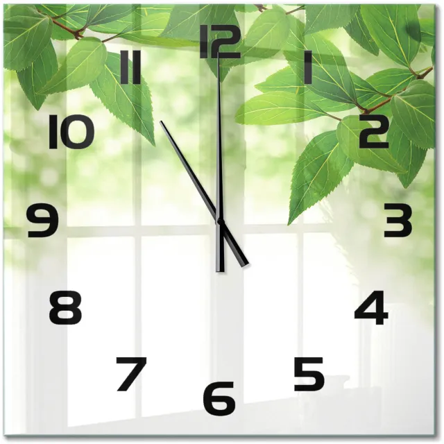 TULUP Wandklok - Groene bladeren Wandklok Glas Met Motief - 60x60 cm - Groente Decoratieve Glazen Klok - Zwarte handen - Vierkante Klok - Gekleurde Glazen Klok - Glazen Klok Met Print