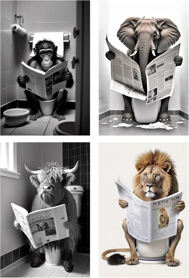 Famanu Zwart-wit canvas dierenprint (21x30 cm) – wanddecoratie voor toilet/badkamer – kunstdruk stijl