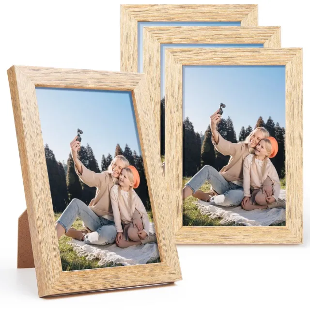 Famanu Kleine fotolijstjes set van 4 stuks, houten fotolijsten voor 10 x 15 cm foto's, MDF-lijst met breukveilig acrylglas en draaibare achterwand Naturel