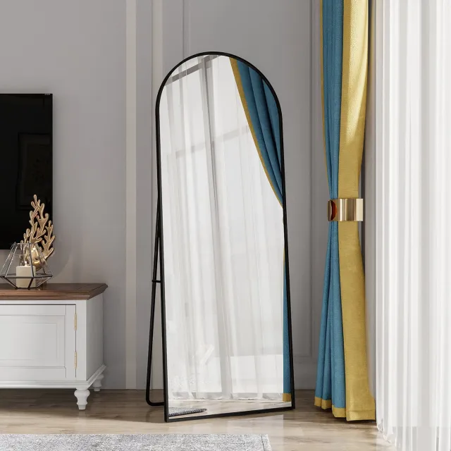 ROSAHQNDA Gebogen staande spiegel 162x53 cm, met verstelbare standaard, zwart aluminium frame, hangend of staand, voor slaapkamer, woonkamer of garderobe