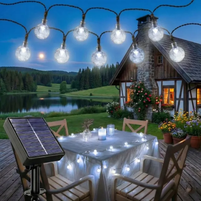 MUPOO Solar Lichtsnoer Buiten IP44 50 LEDS - Geheugenfunctie - Automatisch aan- 8 Lichtmodi - Prikkabel- Lampjes Slinger -Tuinverlichting op Zonne-energie- Feestverlichting voor Tuin, Feest, Terras - 9.5 Meter - Wit