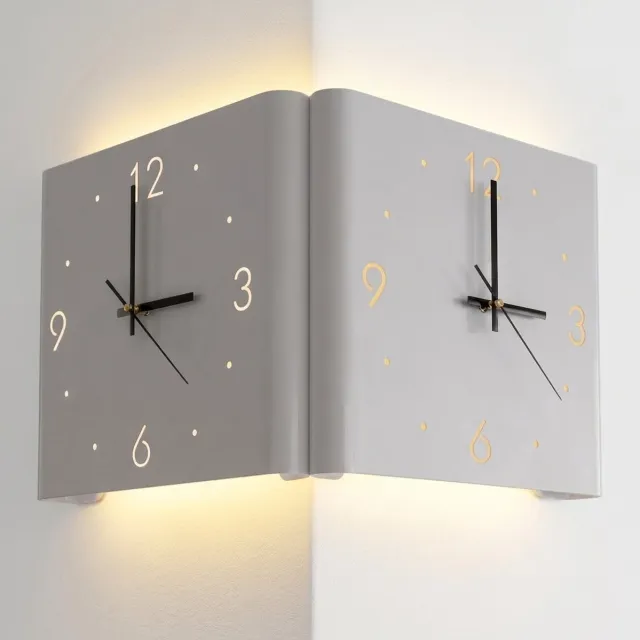 Govic Hoek wandklok met led verlichting en bewegingssensor - industrieel modern - dubbelzijdige klok - 26cm - metaal - wit Goud
