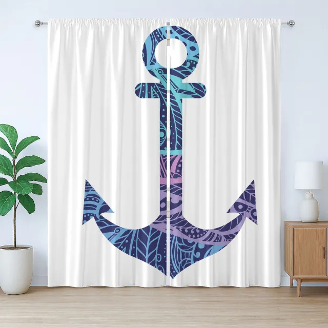 ABAKUHAUS Rustiek oceaangordijn, anker afbeelding, zee, met lussen en haken voor de woonkamer, 280 x 175 cm, paars en blauw