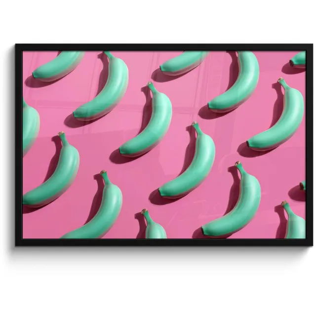 FrameYourWall Poster in lijst - Fotolijst 90x60 cm - Posters - Bananen - Patroon - Blauw - Roze - Posterlijst zwart - Decoratie - Wanddecoratie woonkamer - Muurdecoratie slaapkamer