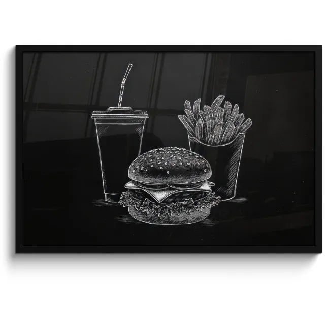 FrameYourWall Poster in lijst - Fotolijst 90x60 cm - Posters - Hamburger - Friet - Frisdrank - Krijttekening - Posterlijst zwart - Decoratie - Wanddecoratie woonkamer - Muurdecoratie slaapkamer