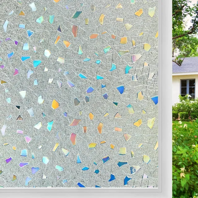 KZQ Statisch hechtende raamfolie met glas-in-loodeffect en 3D-regenboogprisma-effect (44,5 x 200 cm) – verwijderbaar, uv- en hittebestendig, biedt dag en nacht privacy zonder lijm; geschikt voor badkamer- en huisdeuren. Kleurloos