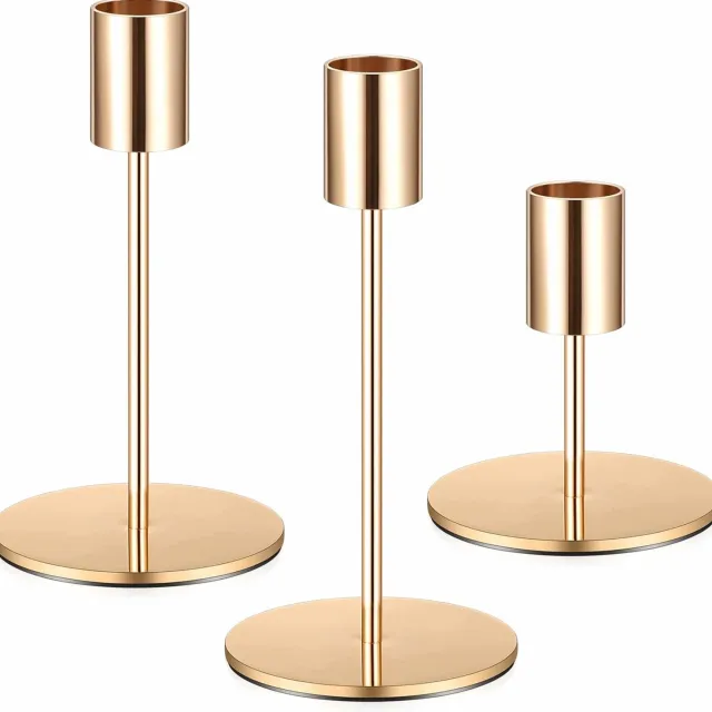 Inna (SklepikNaMedal) Gouden Vintage Kaarshouder Set - 3 Stuks Metaal - Stijlvolle Decoratie