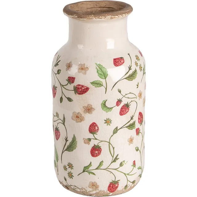 Clayre & Eef Vaas Ø 14x26 cm Beige Rood Keramiek Aardbeien