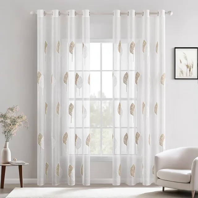 Ibenzoa Transparante Gordijnen met Bladpatroon voor Slaapkamer en Woonkamer, Set van 2 beige