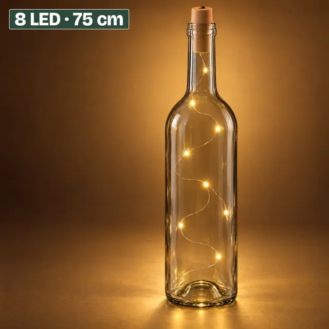 Levano Flessenlamp 8 LED - LED Lichtslinger op Batterijen - Flessenlicht - Flessenverlichting - Kurk Verlichting - Kurk Lampjes - Wijnfles Verlichting - Flessenlichtjes - Lichtjes Wijnfles - Flessenlampjes - Flessenstopper - Warm Wit