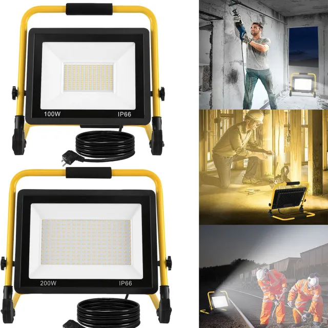 LZQ 200W LED Baustrahler Baustellenarbeitsleuchte 16000LM Koudwit LED Strahler Verlichtingslantaarn Met Standaard & 3m Netkabel Vloedverlichting IP66 Waterdicht Voor Garage, Werkplaats, Baustelle Koel Wit