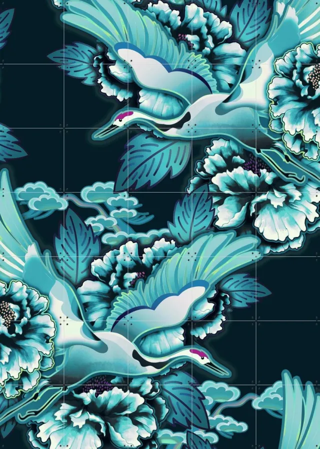 IXXI Crane Bird Pattern Cloudy Petrol, Marylène Madou - 100 x 140 cm - Grote wanddecoratie en posters - Digitale Kunst, Illustraties, Art Nouveau Donkere tinten / Blauw