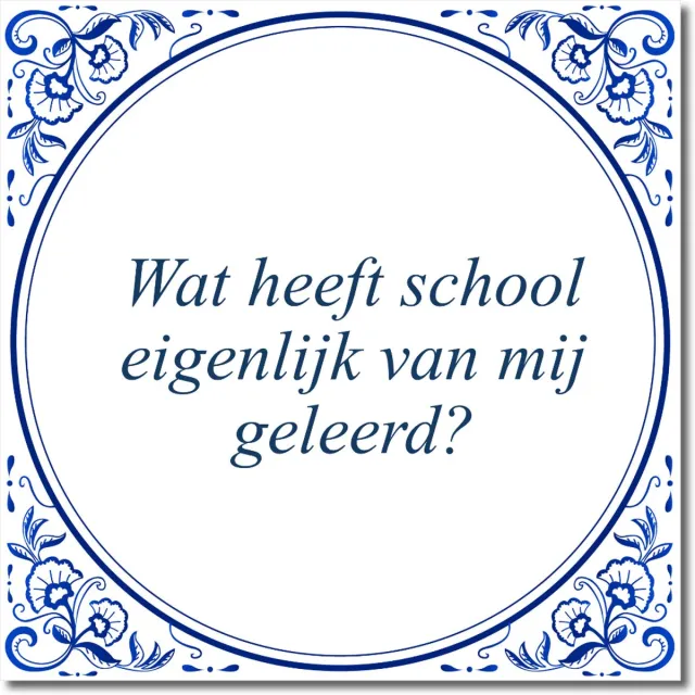 De Tegeltjesfabriek Tegeltje: Wat heeft school eigenlijk van mij geleerd? (met hangertje) wit en blauw