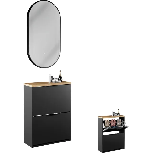 Planetmöbel STIVIO Schoenenkast 60 cm 2 Kleppen Zwart LED Spiegel
