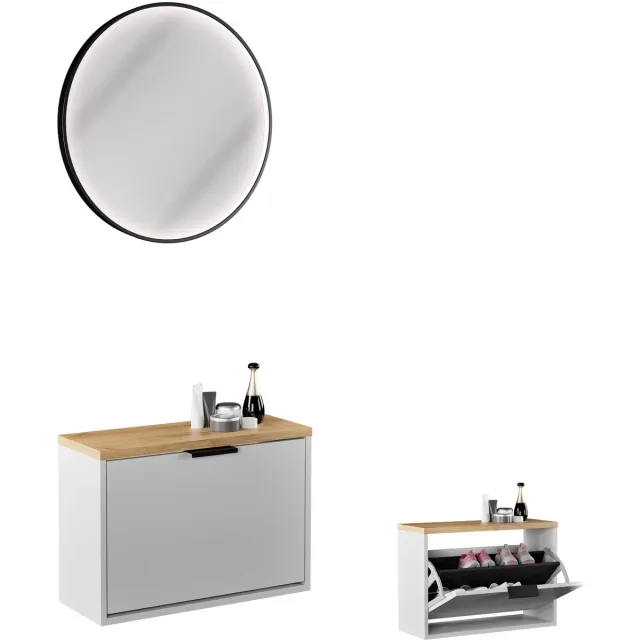 Planetmöbel STIVIO - Schoenenkast 60 cm - Goud eiken - 2-delig - Met ronde LED-spiegel 1 klep, Wit