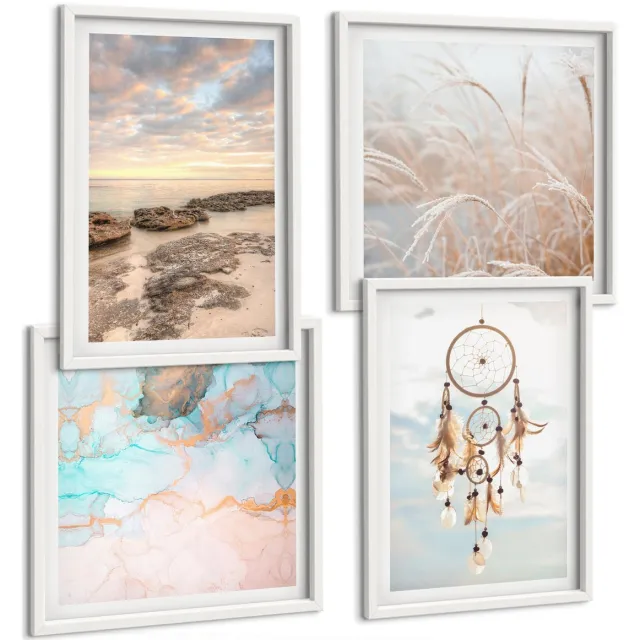 Coloray 4-Delige Schilderij Set - Zeezicht Met Wolken, Dromenvanger En Gras - 40 x 40 En 40 x 60 - Wanddecoratie - Muurdecoratie - Moderne Interieurdecoratie - Moderne Wanddecoratie Witte lijst