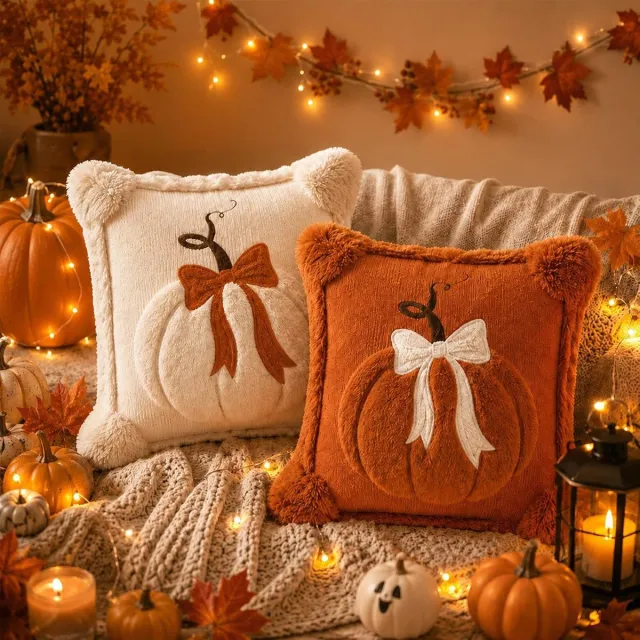Huttutu Sierkussen - 2-delige Herfstkussen Set met Pompoenpatroon en Strik - 45x45 cm - Geschikt voor Bank Woonkamer Herfst Halloween en Boerderijdecoratie - Roodbruin en Beige - 2 Stuks