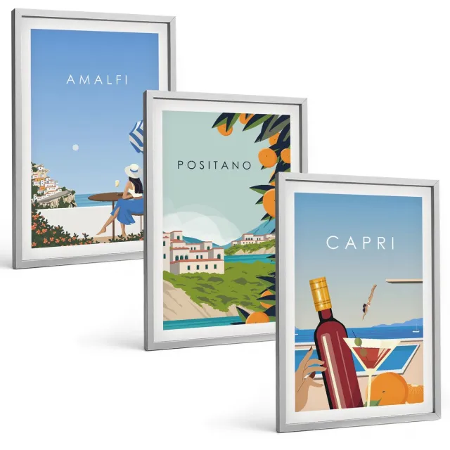 Coloray 3-Delige Schilderij Set - Vakantiegezichten Amalfi Positano En Capri - 40 x 60 cm - Muurdecoratie - Interieur Decoratie - Stijlvolle Muurdecoratie Zilveren lijst
