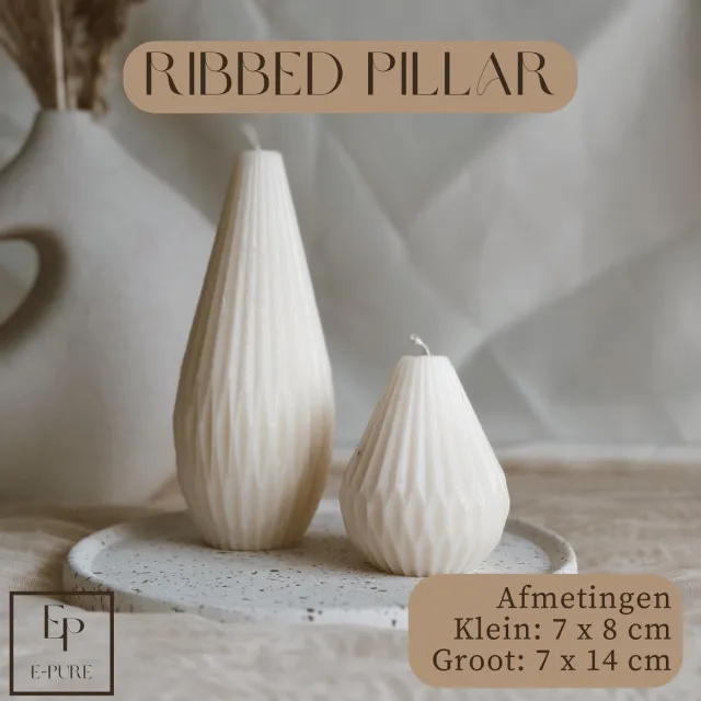 E Pure Candles Handgemaakte Stompkaars - Ribbed Pillar Klein Wit/Créme