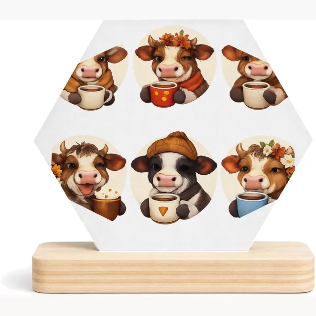 Mr Cadeautjes MDF fotolijst/inleg hexagon 14 x 13 - design Een reeks vrolijke kattenportretten met theekopjes en winter | cadeau Wit