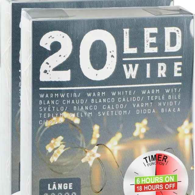 Cepewa Draadverlichting sterren - 2x - 220 cm - 20 leds - warm wit - batterij met timer