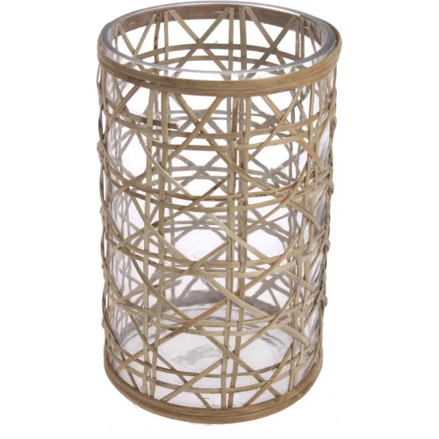 Meander Windlicht glas/vlechtwerk Ø12xH21cm Zie foto