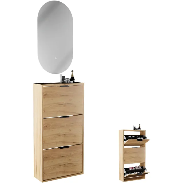 Planetmöbel STIVIO - Schoenenkast 60 cm met LED-spiegel - Goud eiken - 3 kleppen - 2-delig 3 kleppen, Goud eiken