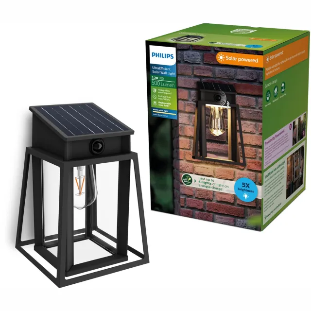 Philips Lysin Wandlamp - UltraEfficient LED - Solar buitenlamp - Warmwit licht 2700K - Zwart - Rechthoekig ontwerp - Bewegingssensor - Zonne-energie - Schemersensor