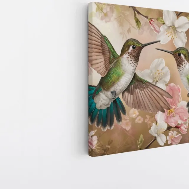 Saammp Canvas Schilderij - 2 Kolibries tussen de bloemen - Dieren - Bloemen - 60x60 - Foto op canvas - Wanddecoratie - muurdecoratie Woonkamer - Slaapkamer decoratie - Canvas Print Multicolor