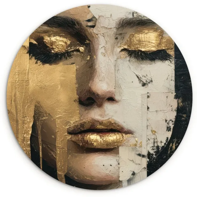 WallCircle Wandcirkel 90x90 cm - Muurcirkel Abstract - Goud - Gezicht - Lippen - Muurdecoratie woonkamer - Wanddecoratie slaapkamer - Kamer decoratie accessoires - Ronde schilderijen Abstract - Gezicht - Lippen