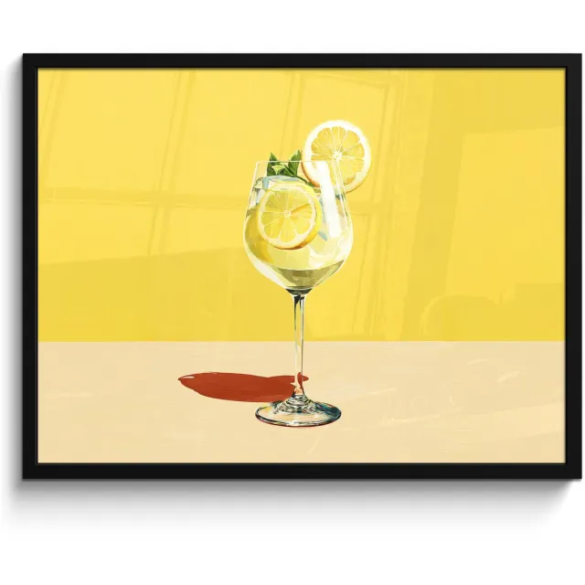 FrameYourWall Poster in lijst - Fotolijst 70x50 cm - Posters - Wijnglas - Citroen - Geel - Minimalistisch - Posterlijst zwart - Decoratie - Wanddecoratie woonkamer - Muurdecoratie slaapkamer