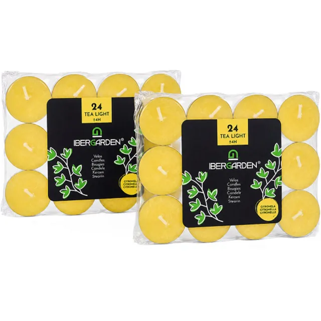 IBERGARDEN citronella - waxinelichtjes / theelichtjes - muggen - 2 x 24 stuks – 48 theelichtjes – brandduur ca. 4 uur – voor binnen en buiten Geel