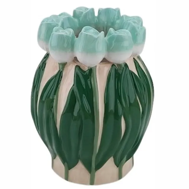 Housevitamin Vaas- Bloemen Vaas met Tulpen rand - Dolomiet - Licht Groen/ Groen- 14x14x18cm Roze