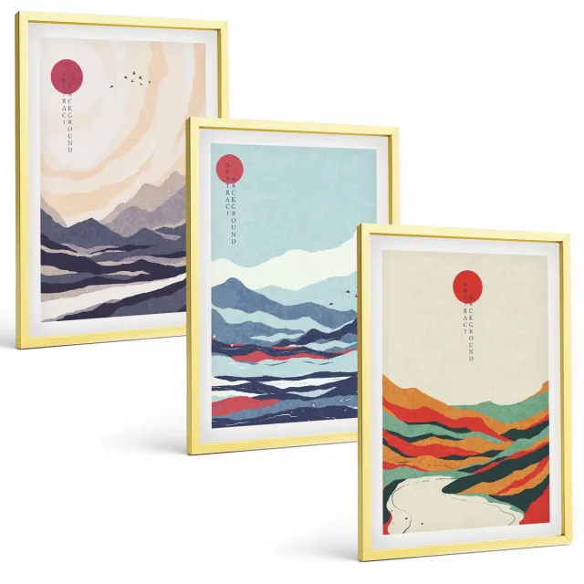 TULUP 4-Delige Schilderij Set - Japanse abstracte berglandschappen - 40 x 60 cm - Wanddecoratie - Schilderijen Set - Kantoor - Woonkamer Decoratie Gouden lijst