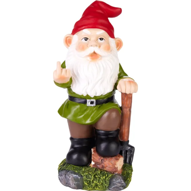 Brubaker Tuinkabouter met Middelvinger - Ondeugende Kabouter met Spade en Zonnebril - Grappig Tuinbeeldje - Weerbestendige Decoratie voor Tuin en Camping - Tuindecoratie voor Buiten - 24 cm Middelvinger en spade