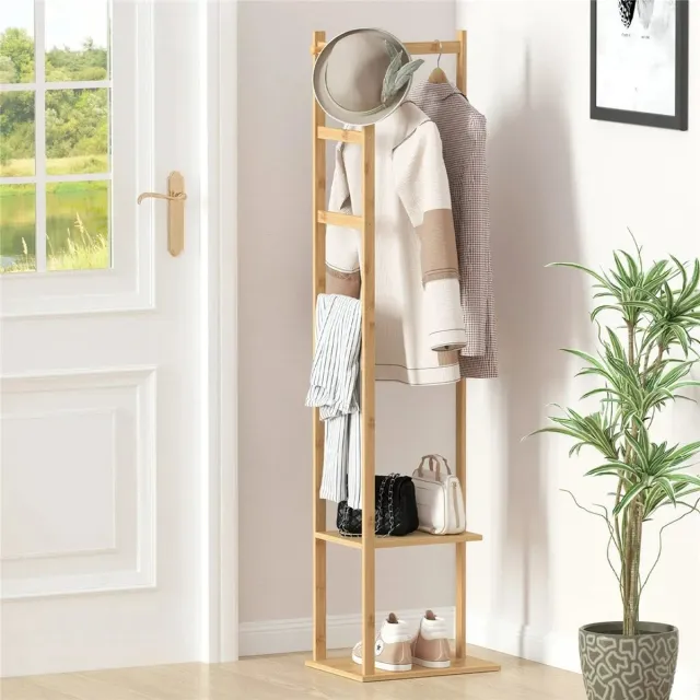 Whoopr® Bamboe Kledingrek en Hoedenrek - Houten Organizer met Schoenplank en Haken voor Jassen en Accessoires - 30 x 38 x 155 cm Houtskleur