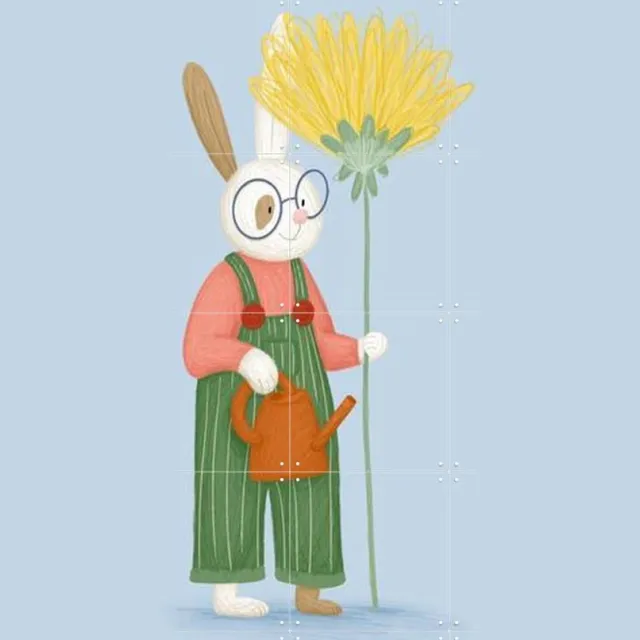 IXXI Gardener Rabbit, Studio Phie - 120 x 120 cm - Grote wanddecoratie en posters - Speels, Fantasierijk, Cartoonesk, Illustraties, Babykamer Blauw