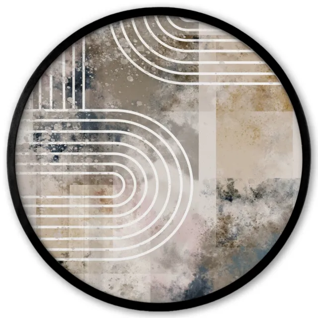 FrameYourWall Poster in lijst Rond - Fotolijst 40x40 cm - Posters - Abstract - Kunst - Lijnen - Wit - Blauw - Beige - Ronde posterlijst zwart - Decoratie - Wanddecoratie woonkamer - Muurdecoratie slaapkamer