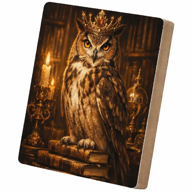 Mr Cadeautjes MDF staande fotolijst 15,2 x 15,2 - design Een chique uil in een bibliotheek vol gouden licht en oude b | cadeau Wit
