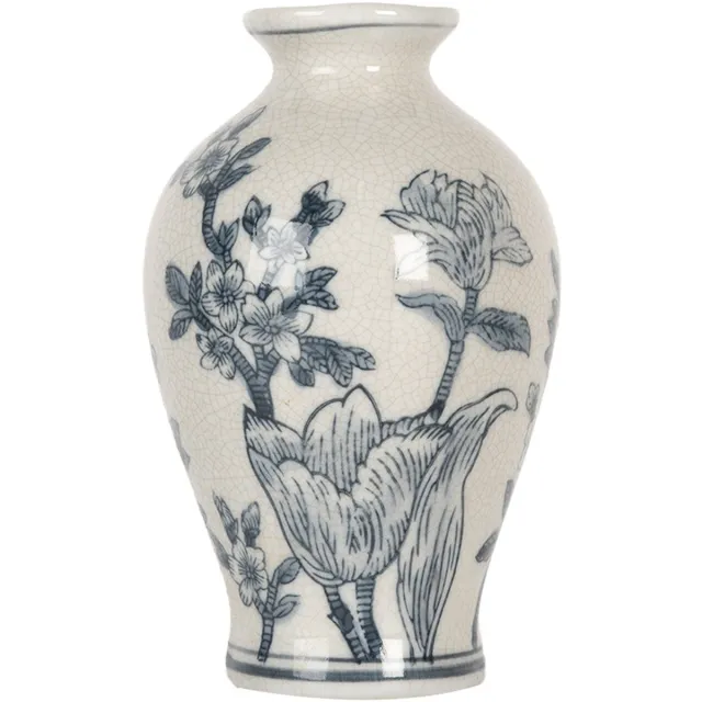 Clayre & Eef Vaas Ø 9x15 cm Wit Blauw Keramiek Bloemen