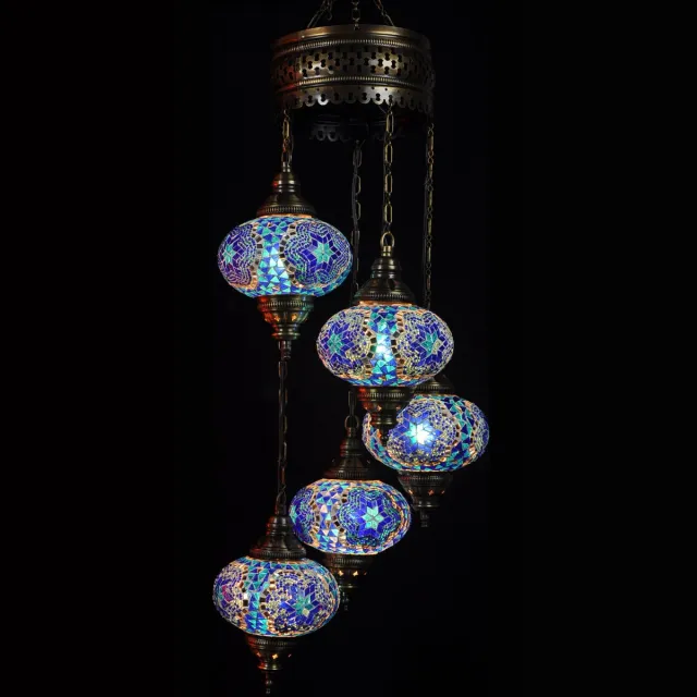 Halay Hanglamp - blauw - 5 bollen - glas - mozaïek - Turkse lamp - oosterse lamp - kroonluchter.