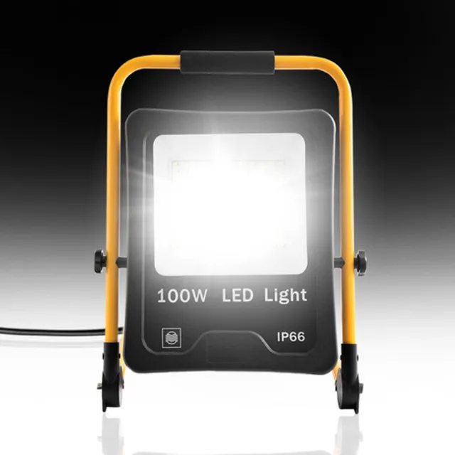 LZQ 100W LED Fluter Flutlicht Koudwit Met Steker Baustrahler Scheinwerfer + Geel Stativ Baulampe Waterdicht IP66 Buitenruimte Binnen Tuin Garage Koel Wit
