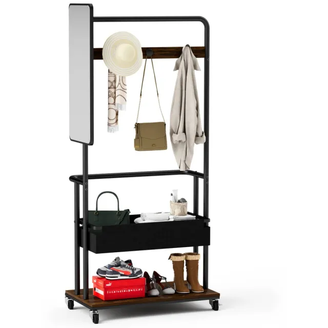 Clruro Kapstok - 70 × 40 × 170 cm - met Spiegel - met Schoenenopslag - met Wielen - Metaal - Rustiek Bruin