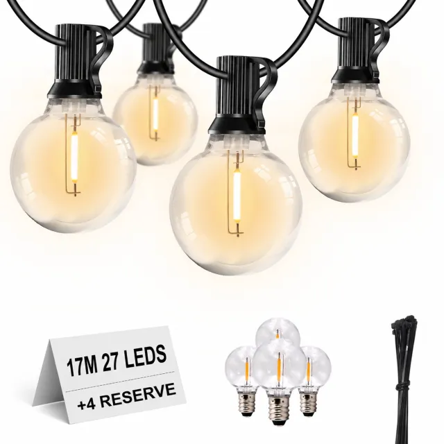 EverNeeds G40 BASE Lichtsnoer Buiten – Prikkabel 17m – 27 LED – IP44 – Lichtslinger – Sfeerverlichting Buiten en Binnen – Warm Wit 2700K – 4 Extra LED’s