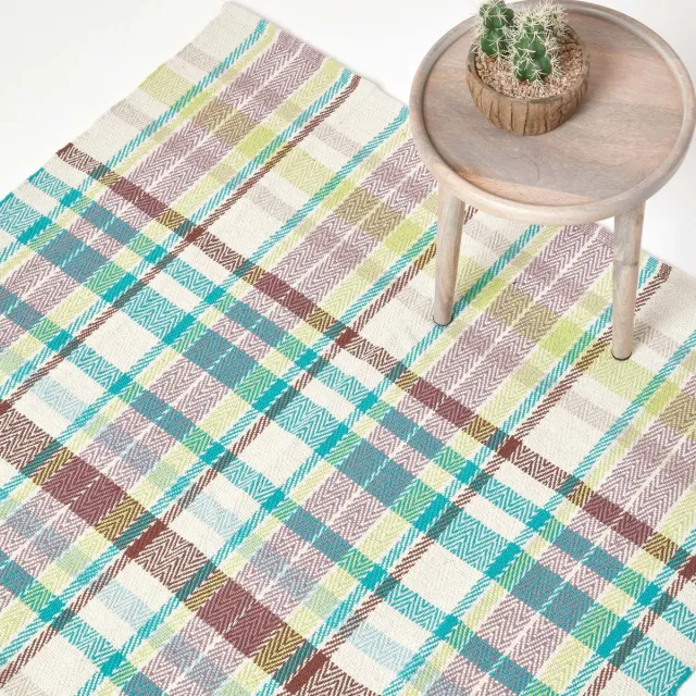 Homescapes Wilson handgeweven blauw, groen en bruin geruit vloerkleed van 100% katoen, 70 x 120 cm Veelkleurig