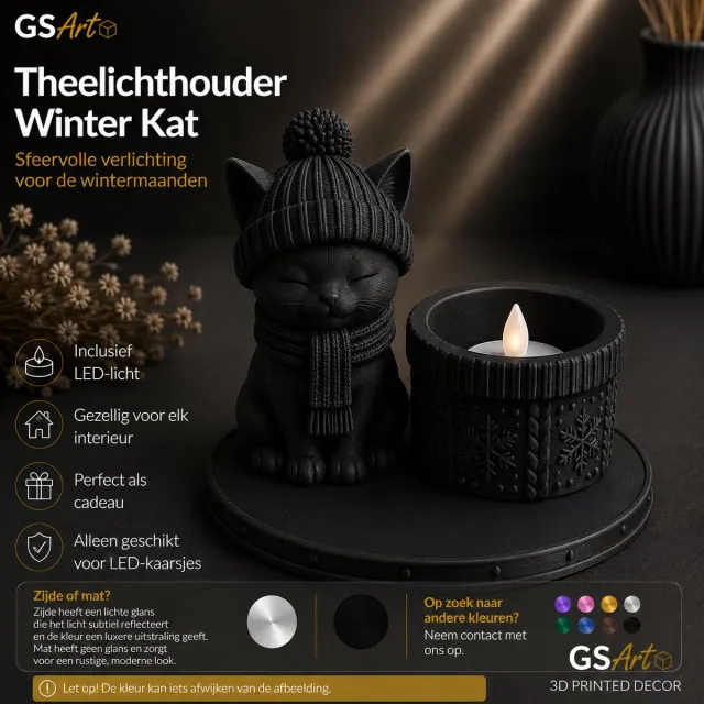 GSArt Theelichthouder Winter Kat – Inclusief LED-kaarsje - Mat Zwart