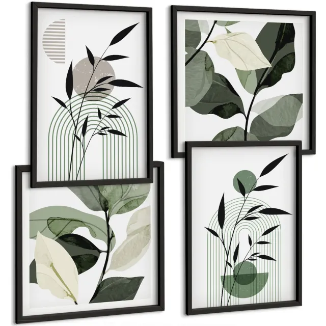 Coloray 4-Delige Schilderij Set - Abstracte Plantencomposities In Boho-Stijl - 40 x 40 cm En 40 x 60 cm - Wanddecoratie - Schilderijen Set - Kantoor - Interieur Decoratie Zwarte lijst