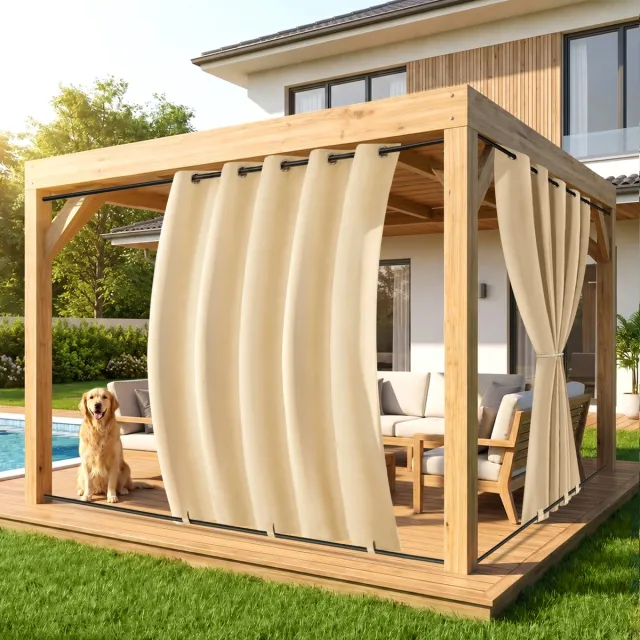 MUPOO Extra Brede Buitengordijn Waterdicht & Windbestendig met Ringen - Met Onder Bevestiging tegen Wind - Verduisterend & UV Werend - Outdoor Gordijnen voor Overkapping, Balkon & Tuin - 180x213 cm - Beige - 1 Stuk (Rideau Extérieur Imperméable) Beige-1 stuck